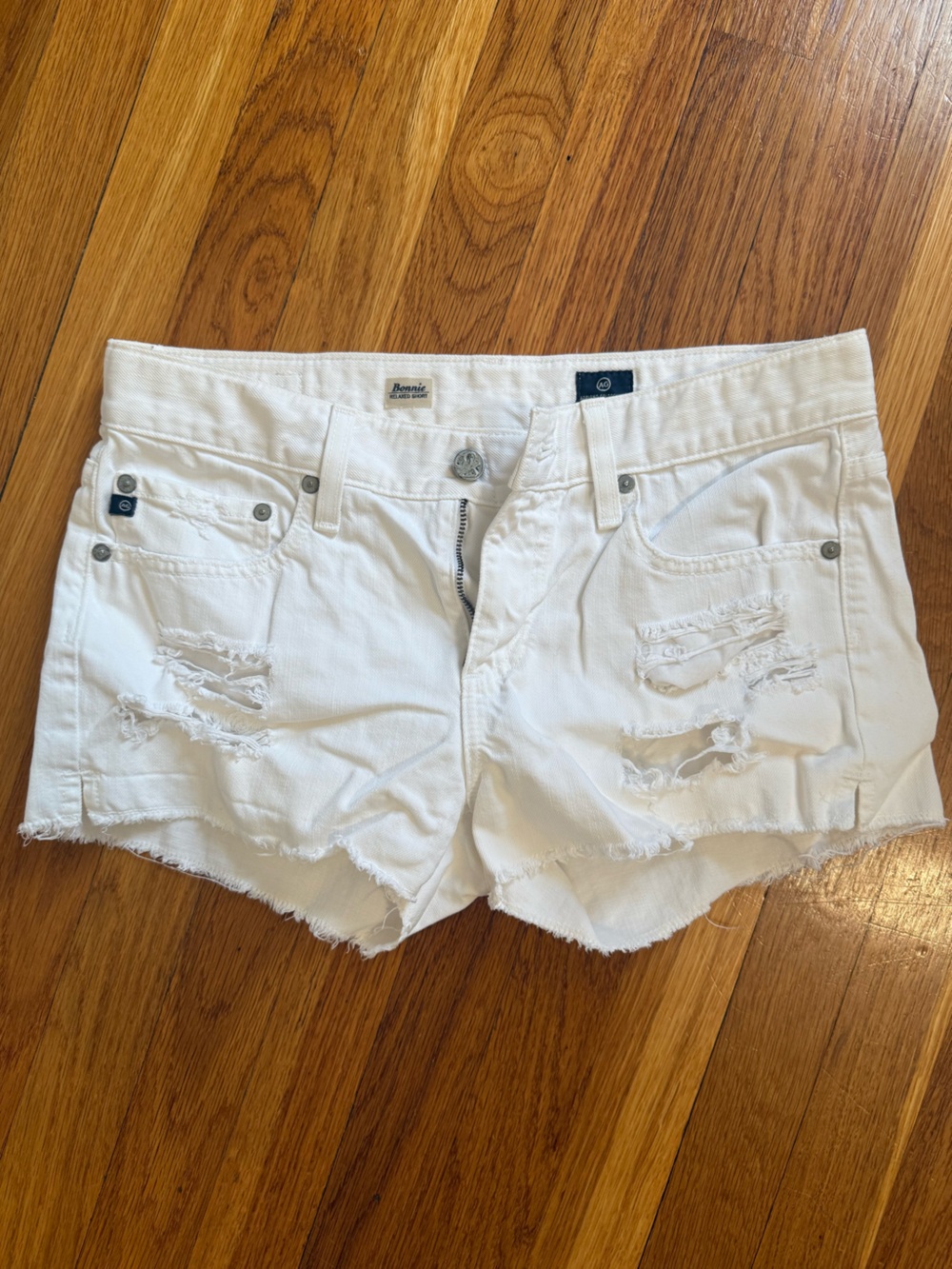 AG Distressed White Denim Shorts - Womens 27